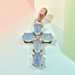 Natural Blue Chalcedony Copper Cross Pendant Handmade - Chain Sold Separately